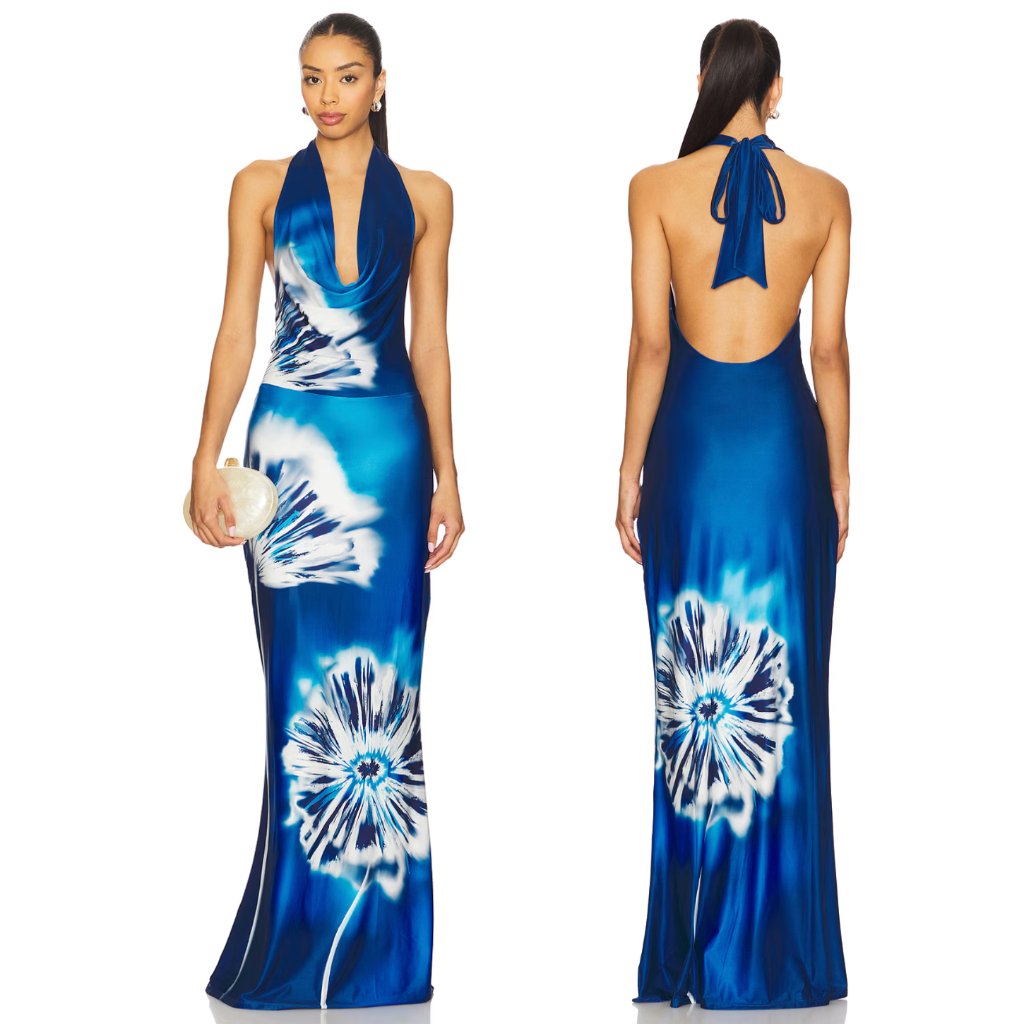 Especia Moonflower Long Dress In Blue & White Maxi Formal Gown Small S